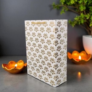 Indian Gift Bag – Gold Lotus Foil Print | Return Favors for Baby Shower, Pooja, Diwali, Varalakshmi, Housewarming | 11x8x3&quot; Thick Bag