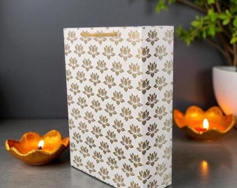 Gold Lotus Indian Gift Bag: Elegant Favor Bag for Pooja, Diwali