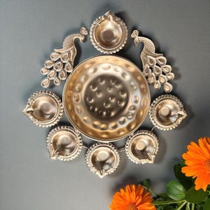 9.5” Peacock Urli Bowl | Brass Finish Diya Urli | Indian Festive Décor, Pooja mandir doorway decor, Housewarming,Diwali Return Gift