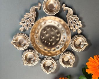 9.5” Peacock Urli Bowl | Brass Finish Diya Urli, Urli Candle Decor | Indian Festive Décor, Pooja mandir, Housewarming,Diwali Return Gift