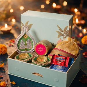 May include: A light green gift box containing a silver-toned Lakshmi and Ganesha idol in a leaf-shaped frame, two green and gold decorative candle holders, a gold tin labeled Happy Diwali, a gold fabric pouch, and Ghirardelli chocolate squares.