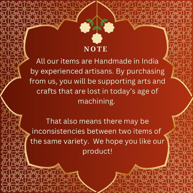 May include: A decorative, ornate, burgundy-colored card with gold trim and a floral design. The text reads "NOTE" and states that items are handmade in India by experienced artisans, supporting lost arts and crafts.