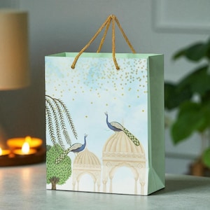 Indian Gift Bag – Peacock Mahal Art | Return Favors for Baby Shower, Pooja, Diwali, Varalakshmi, Housewarming | 10x8x4&quot; Thick Matte Bag