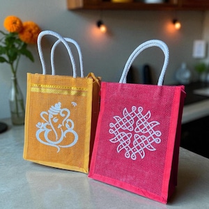Kolam Jute Gift Bag, Ganesha Return Gift Bag, Eco-friendly Indian Favor Ideas, Reusable Gift Bags, Wedding Housewarming Baby Shower Favors image 5