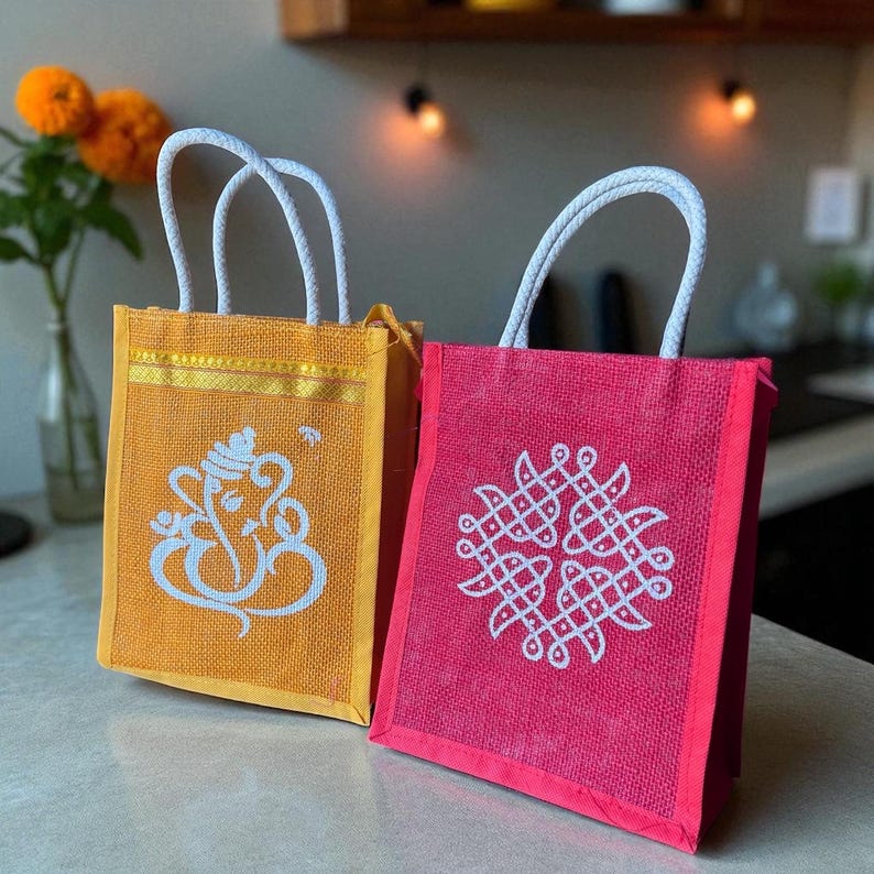 Kolam Jute Gift Bag, Ganesha Return Gift Bag, Eco-friendly Indian Favor Ideas, Reusable Gift Bags, Wedding Housewarming Baby Shower Favors image 5