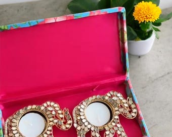 Diwali Gift Box with Decorative Diyas | Peacock, Elephant & Lotus Tealight Holders | Pichwai Fabric Box | Indian bulk Return Gift Hamper