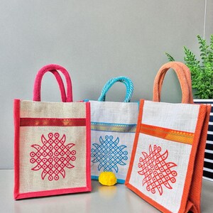 Kolam Jute Gift Bag, Ganesha Return Gift Bag, Eco-friendly Indian Favor Ideas, Reusable Gift Bags, Wedding Housewarming Baby Shower Favors Premium Kolam