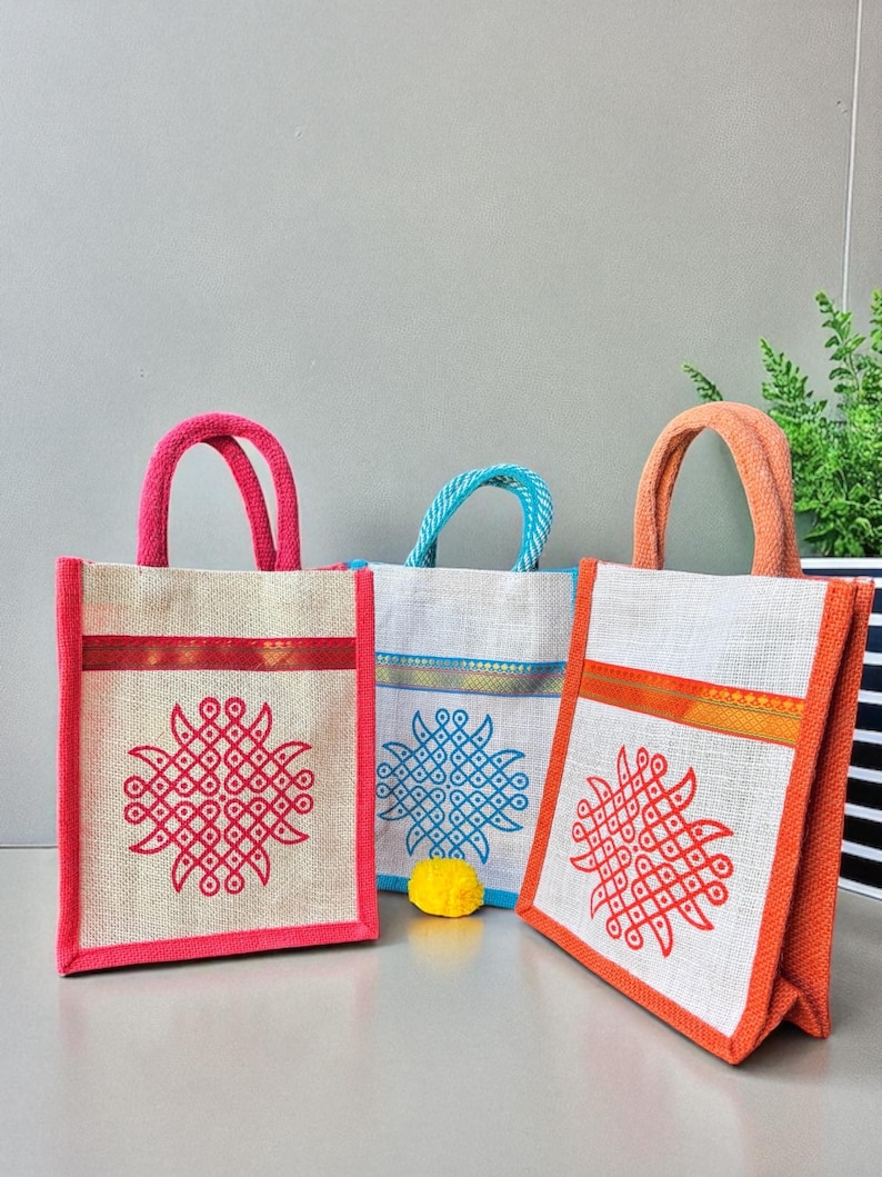 Kolam Jute Gift Bag, Ganesha Return Gift Bag, Eco-friendly Indian Favor Ideas, Reusable Gift Bags, Wedding Housewarming Baby Shower Favors Premium Kolam