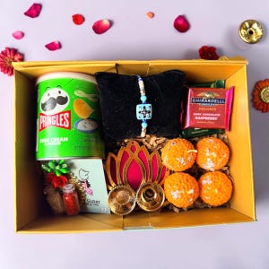 Premium Rakhi Gift Hampers for Brothers, Raksha Bandhan Boxes w/ Ladoo Candles, Masala Chai Candle, Filter Coffee Candle, Evil eye Rakhi
