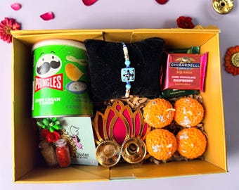 Premium Rakhi Gift Hampers for Brothers, Raksha Bandhan Boxes w/ Ladoo Candles, Masala Chai Candle, Filter Coffee Candle, Evil eye Rakhi
