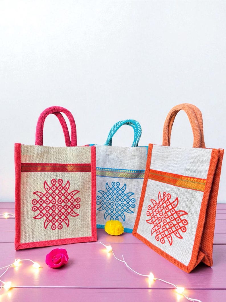 Kolam Jute Gift Bag, Ganesha Return Gift Bag, Eco-friendly Indian Favor Ideas, Reusable Gift Bags, Wedding Housewarming Baby Shower Favors image 6