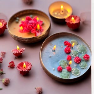 May include: Several lit candles in brass bowls. The candles are shaped like flowers and lily pads, with a soft pink and blue wax. The flames are bright yellow against the soft colors. The bowls are arranged on a pink surface.