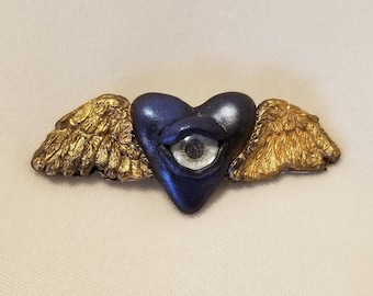 Flying Wings Third Eye Blue Heart Clay Pin Valentines Day OOAK Broach