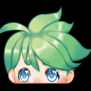 Può includere: Un'illustrazione di cartone animato di una persona con i capelli verdi e grandi occhi blu. La persona sta guardando direttamente lo spettatore. L'immagine è in stile chibi.