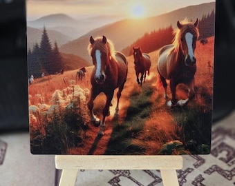 Imanes de madera para nevera con diseño de caballos salvajes – Juego de 4 imanes cuadrados de 10 cm (4 pulgadas)