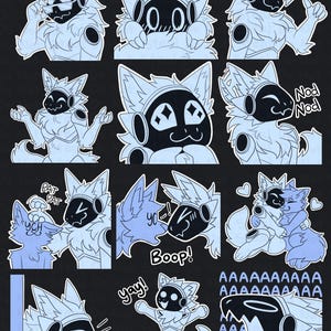 May include: A set of digital stickers featuring a blue and black furry creature with different expressions and poses. The stickers include text such as "OK!" "Nod Nod" "Boop!" and "yay!"