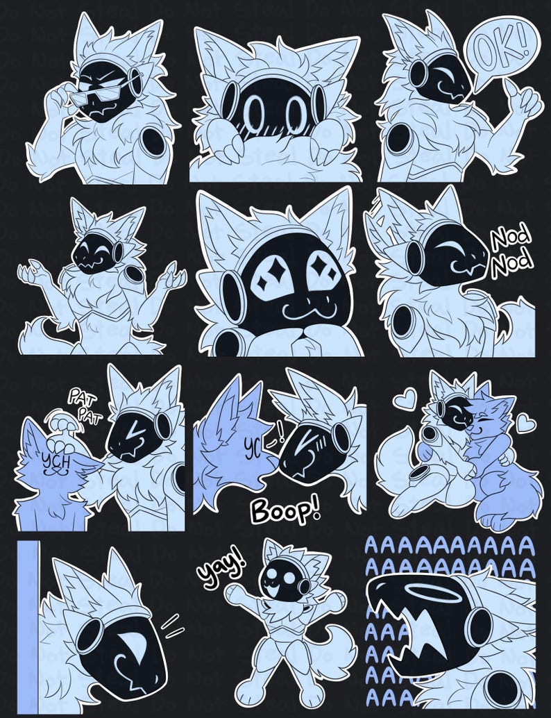May include: A set of digital stickers featuring a blue and black furry creature with different expressions and poses. The stickers include text such as "OK!" "Nod Nod" "Boop!" and "yay!"