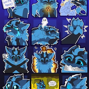 May include: A set of nine blue and black cartoon stickers featuring a furry creature with different expressions and actions. The stickers include text such as "write here!" and "this is fine".
