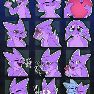 Puede incluir: Una colección de pegatinas de personajes de dibujos animados morados con varias expresiones. Una pegatina dice "Hi!" en un bocadillo. Otras pegatinas muestran al personaje con un corazón, llorando, riendo y durmiendo. El texto "Colored Examples!!" está en la parte superior.