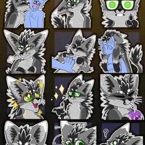 May include: A set of 12 digital stickers featuring a grey and white furry creature with three eyes. The creature is shown in various poses and expressions, including wearing glasses, holding a drink, and blushing.