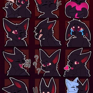 Puede incluir: Una cuadrícula de criaturas de dibujos animados con forma de murciélago con varias expresiones. Los murciélagos son principalmente negros con acentos rojos en las orejas y los ojos. Algunos tienen bocadillos de diálogo con texto. El título en la parte superior dice "Colored Examples!!".