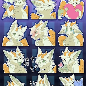 May include: Nine digital stickers featuring a white furry creature with orange wings, horns, and tails. The creature has different expressions, including happy, sad, surprised, and sleepy. The text "Hi!" appears in one sticker. The text "HA! HA!" appears in another sticker. The text "??" appears in another sticker. The text "!!" appears in another sticker. The text "Z Z Z" appears in another sticker. The text "YCH" appears in another sticker.