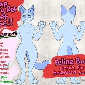 Peut inclure: Une base de feuille de référence numérique pour un personnage félin, présentant des vues de face et de dos d'un chat anthropomorphe bleu clair. L'image inclut du texte détaillant 33 personnalisations, comme des coiffures, des options d'oreilles.