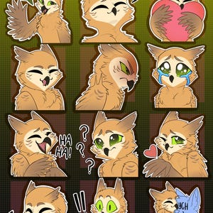 以下が含まれることがあります： 様々なポーズや表情の漫画のフクロウのステッカーのコレクション。フクロウは主に茶色で、緑色の目と白いアクセントがあります。一部のステッカーには「こんにちは！」や「ハハ！」などのテキストを含む吹き出しがあり、他のステッカーはハートや疑問符を表示しています。