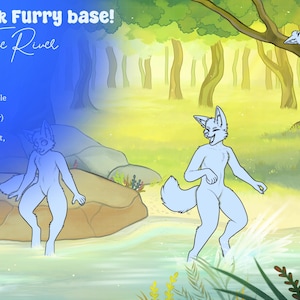 Może przedstawiać: Cyfrowa grafika zatytułowana "Full Artwork Furry base! Playing at The River". Obraz przedstawia jasnoniebieskie antropomorficzne postacie przypominające lisy w otoczeniu rzeki. Tekst zawiera funkcje takie jak cieniowanie i 4 style włosów.