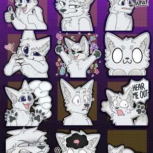 Może przedstawiać: Kolekcja naklejek z kreskówkowymi wilkami w różnych pozach i wyrazach twarzy. Naklejki są głównie szare z białymi akcentami i zawierają dymki oraz kolorowe konfetti. Tło to fioletowy gradient.