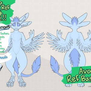May include: A light blue Avali reference sheet base with front and back views. The sheet includes customization options such as hip feathers, crests, tail options, eye options, color palettes, and backgrounds. Text reads "Cheap Furry Ref Sheet Base!!" and "Avali Ref Base 1".