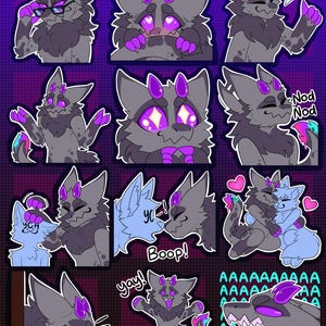 May include: A set of nine digital stickers featuring a purple and gray furry creature with different expressions. The stickers include the text "OK!" "Nod Nod" "yay!" and "Boop!"