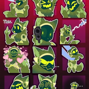 May include: A set of nine digital stickers featuring a green and yellow cartoon character with different expressions. The character is a furry creature with a large head and a pair of large ears. The stickers include expressions such as "YES!" and "This."