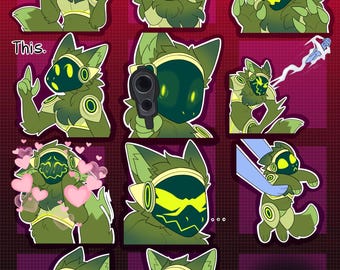 May include: A set of nine digital stickers featuring a green and yellow cartoon character with different expressions. The character is a furry creature with a large head and a pair of large ears. The stickers include expressions such as "YES!" and "This."
