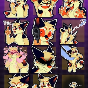 May include: A digital sticker sheet featuring a cream and black anthropomorphic fox character in various expressive poses, including cheering with a speech bubble saying YES!, holding a firearm, surrounded by pink hearts, and hissing with text.