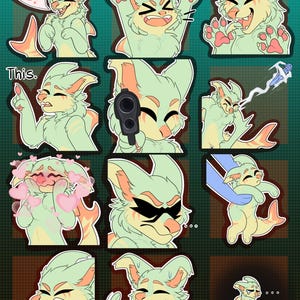 May include: A collection of cartoon stickers featuring a green and peach-colored creature with various expressions. The stickers include speech bubbles with the words "YES!" and "This."