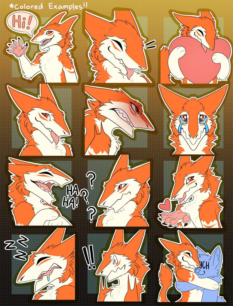 May include: A collection of cartoon illustrations featuring an orange and white fox-like character with various expressions. The character is shown with speech bubbles and hearts, conveying different emotions. The text "Colored Examples!!" is at the top.