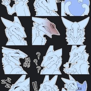 May include: A collection of light blue cartoon stickers featuring a stylized anthropomorphic creature with a long snout and sharp teeth. The stickers display various expressions, including waving, laughing, and hugging. Some stickers have speech bubbles with text like "Hi!" and "HA HA!"