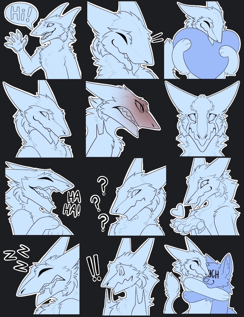 May include: A collection of light blue cartoon stickers featuring a stylized anthropomorphic creature with a long snout and sharp teeth. The stickers display various expressions, including waving, laughing, and hugging. Some stickers have speech bubbles with text like "Hi!" and "HA HA!"