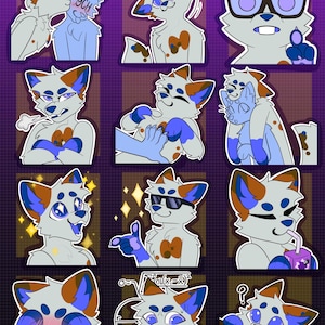 May include: A set of 10 colorful stickers featuring a cartoon character with blue eyes, brown and orange fur, and various expressions. The stickers are on a purple background.
