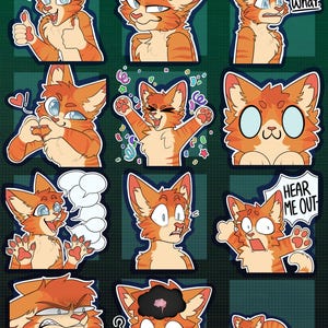 May include: A collection of orange and white cartoon cat stickers with various expressions and speech bubbles. The stickers include thumbs up, heart hands, and surprised faces. Text at the top reads "Colored Examples!!".