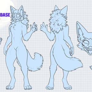 Pode incluir: Uma base de folha de referência azul claro para um personagem de cão caveira. A folha inclui vistas frontal, traseira e lateral, um close-up da cabeça e uma pegada de pata. O texto na parte superior diz "CHEAP SKULLDOG REF SHEET BASE".