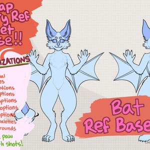 Pode incluir: Uma folha de referência digital para um personagem morcego azul claro, mostrando vistas frontal e traseira. O texto inclui Cheap Furry Ref Sheet Base, 33 Customizations e Bat Ref Base 1, junto com uma lista de opções como penteados, orelhas, olhos, caudas e narizes.
