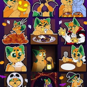 Puede incluir: Una colección de doce ilustraciones digitales que muestran un personaje de zorro antropomórfico naranja y verde en varios escenarios con temática de Halloween, incluyendo con una calabaza, una capa de vampiro y una escoba.