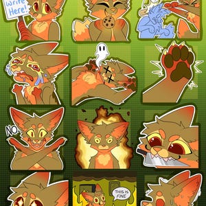 Op de afbeelding: Een set van negen digitale stickers met een cartoonvos in verschillende poses en uitdrukkingen. De vos is oranje en bruin met een witte snuit en buik. De stickers bevatten de vos die een koekje vasthoudt, huilt, "Nee" zegt en in brand staat. De tekst "Schrijf hier!" en "Dit is prima" is ook op de stickers te vinden.