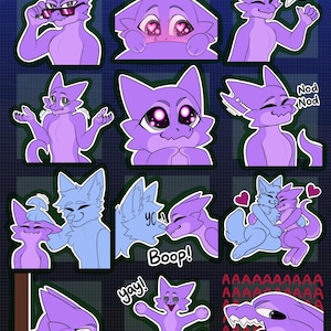 May include: A collection of purple cartoon character stickers in various poses and expressions. Some stickers feature speech bubbles with text like "OK!" and "Yay!" The phrase "*Colored Examples!!" is at the top.