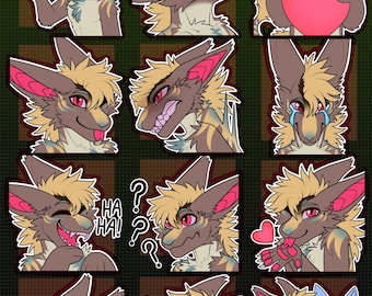May include: A digital sticker sheet featuring a brown and tan anthropomorphic creature with large ears and pink accents. The character displays various emotions including waving with the text Hi!, crying, laughing with text HA HA!, sleeping with ZZZ, and hugging.