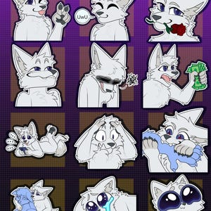 May include: A sheet of stickers featuring various cartoon wolf characters in different poses and expressions. The stickers have a white base with gray shading and accents, and some have colored details. The background is purple with a grid pattern.