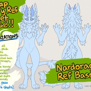 May include: A blue and white furry character reference sheet with 21 customisation options. The sheet includes a front and back view of the character, as well as extra paw and mouth shots. The text "Nardoragon Ref Base 1" is at the bottom of the sheet.