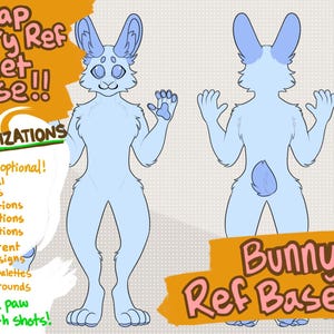 Puede incluir: Una hoja de referencia de personaje de conejo azul claro con el texto "cheap Furry Ref Sheet Base!!" y "Bunny Ref Base 1". La hoja incluye opciones de personalización como peinados, opciones de orejas, opciones de cola, opciones de ojos, diseños de cuerpo, paletas de colores y fondos.